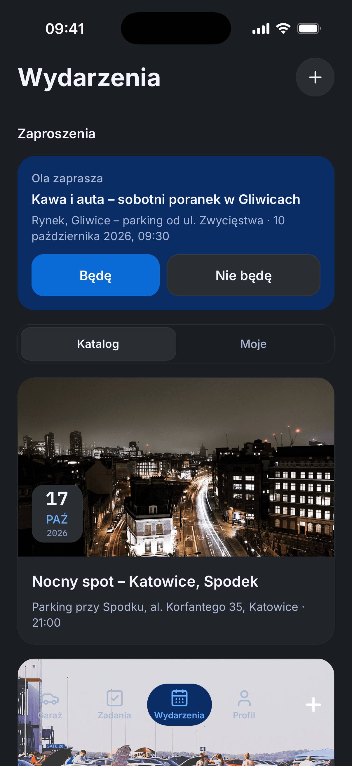 Wydarzenia: zaproszenie z przyciskami Będę i Nie będę oraz katalog spotów