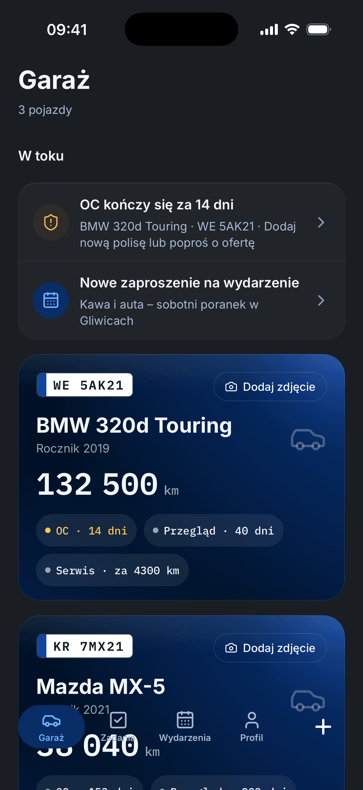 Garaż w Velocity: karty BMW 320d Touring i Mazdy MX-5 z przebiegiem oraz terminami OC, przeglądu i serwisu