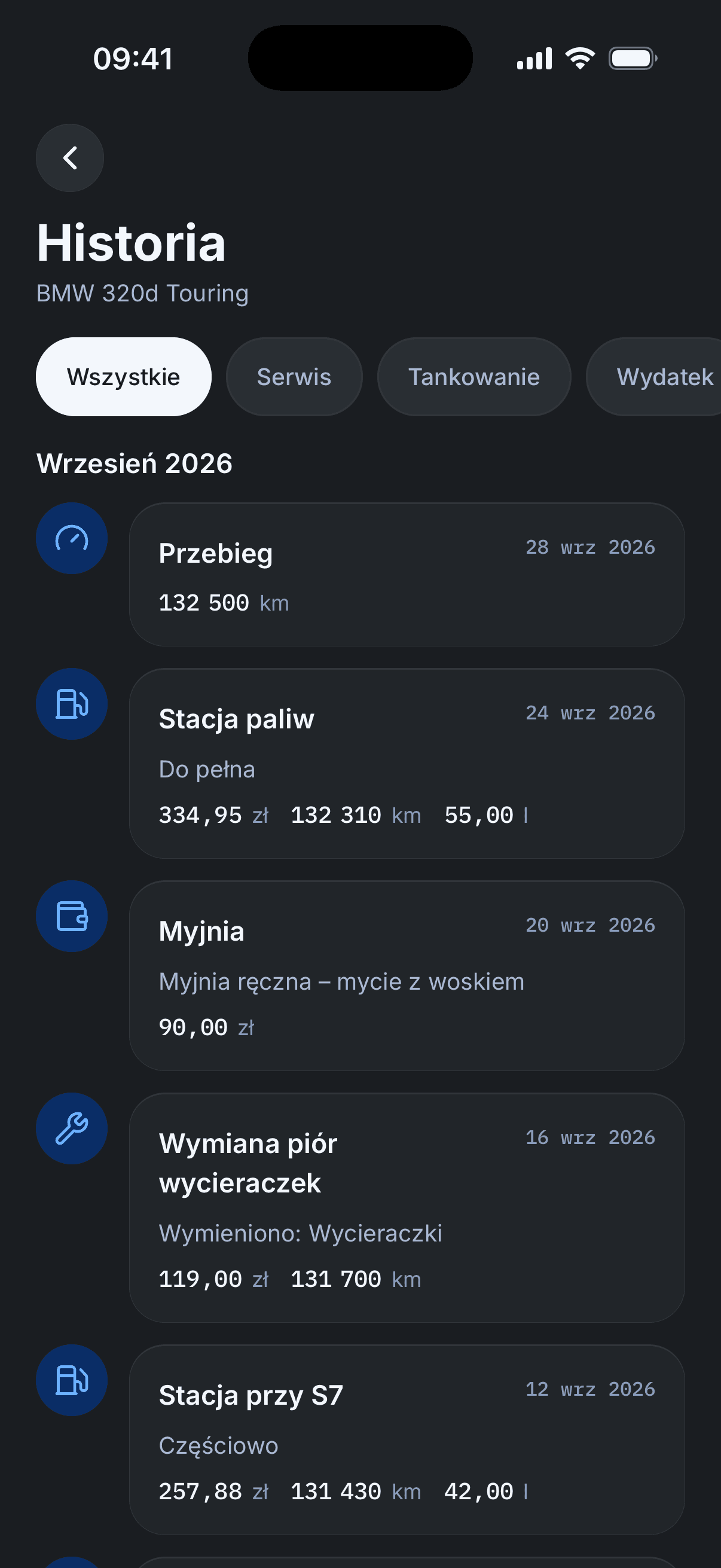 Historia pojazdu: przebieg, tankowania, myjnia i wymiana części na osi czasu z filtrami