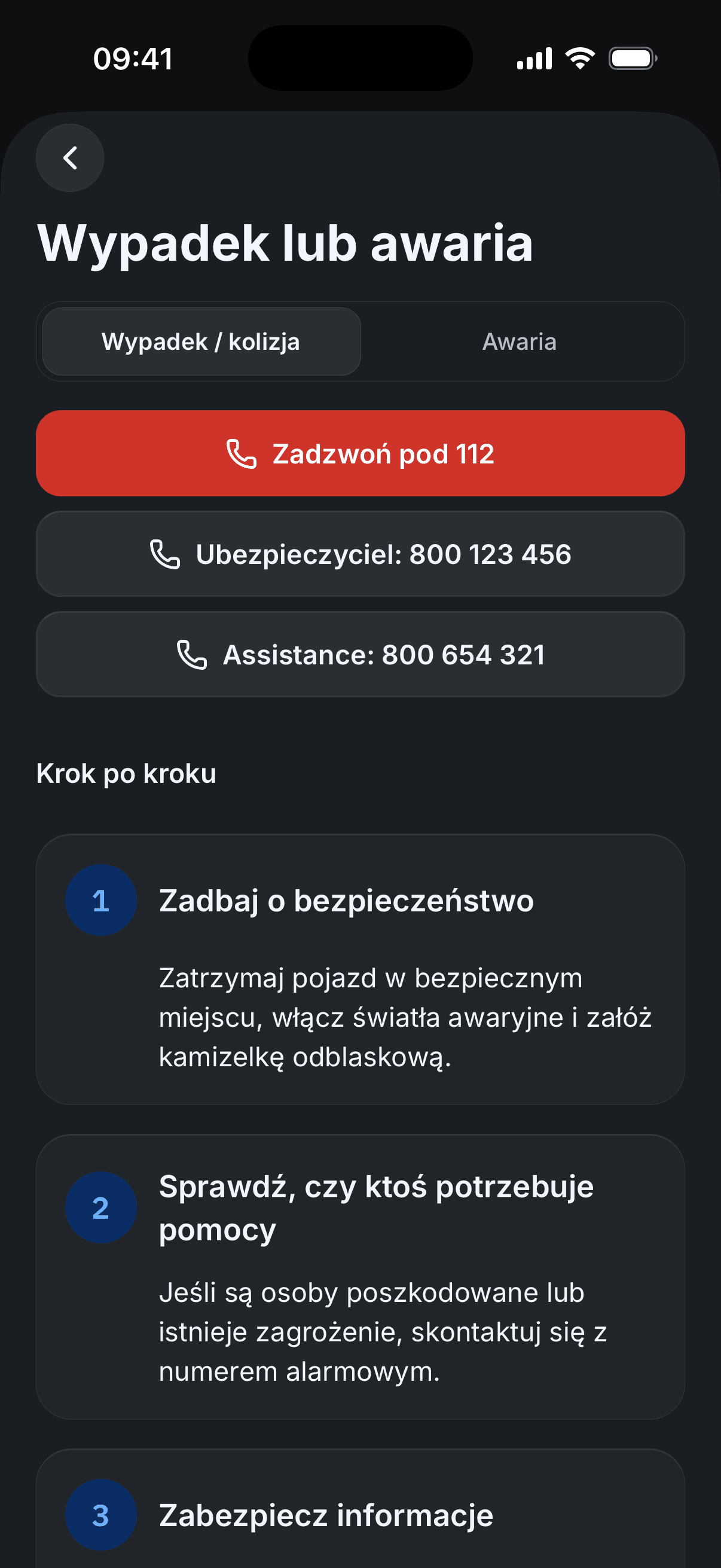 Wypadek lub awaria: przycisk 112 i instrukcja krok po kroku