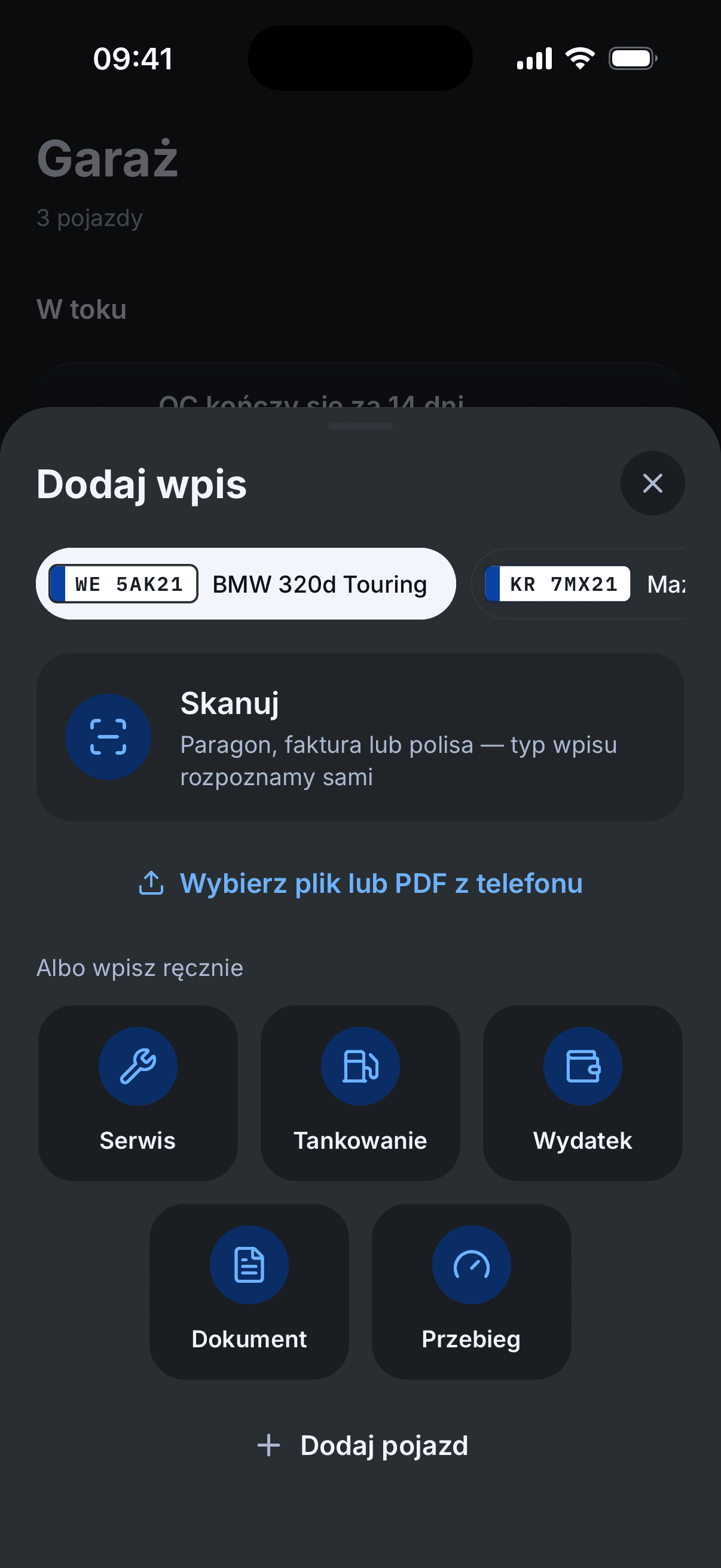 Dodaj wpis: skan paragonu, faktury lub polisy albo wpis ręczny